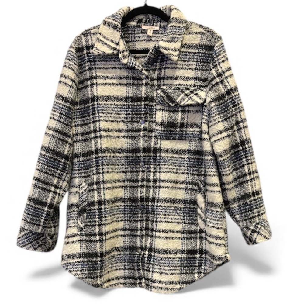 COMO VINTAGE Plaid Single Pocket Boucle Shirt Jacket In Ivory/ Blue Medium